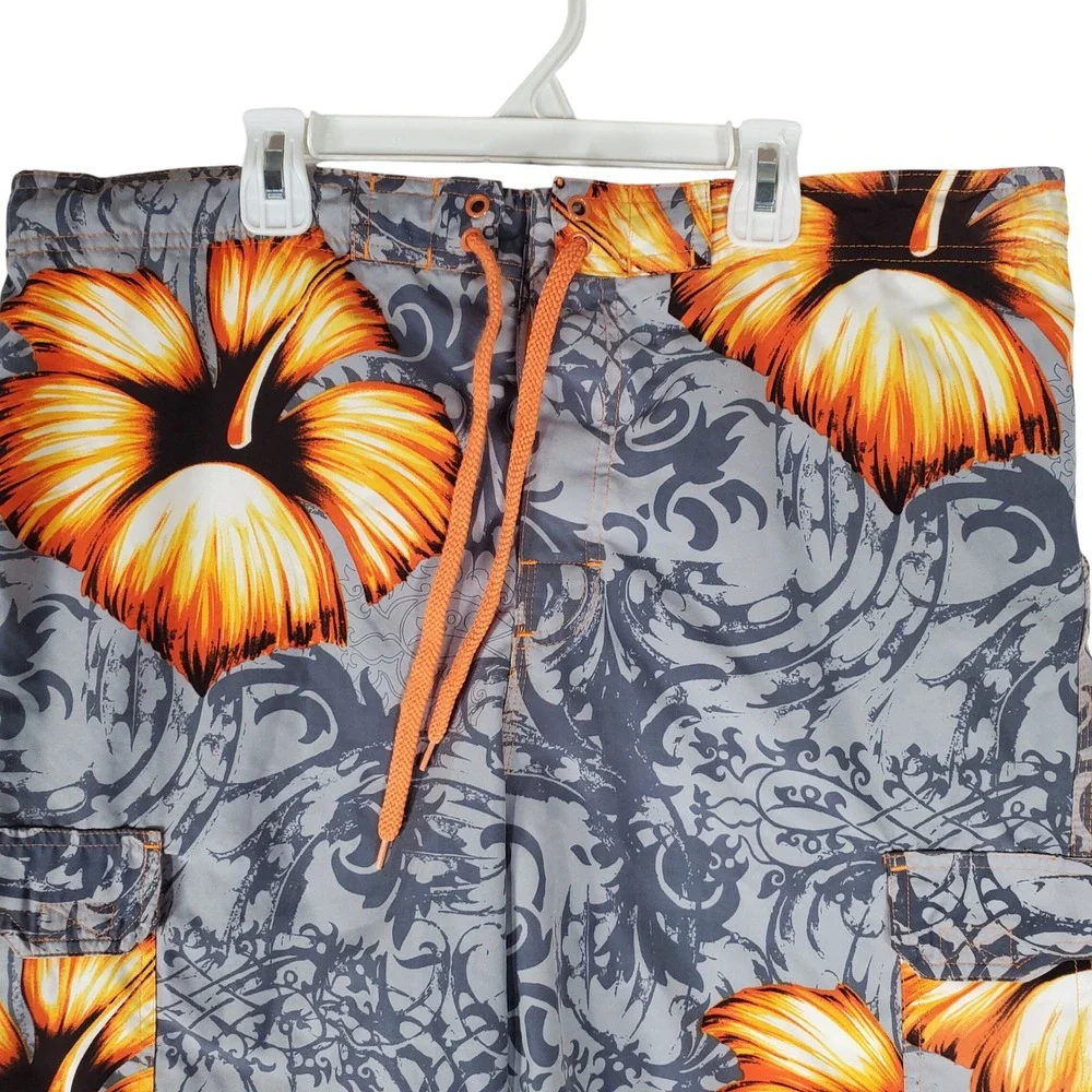 Ocean Pacific Mens Grey Orange Hibiscus Floral Board Shorts Swim Trunks Size M